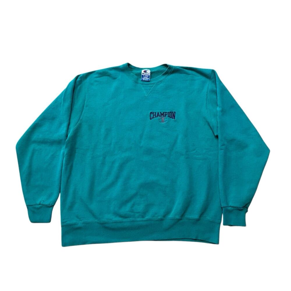 Vintage 90s Champion Crewneck Sweatshirt Sea Green Embroidered Spell Out USA XL